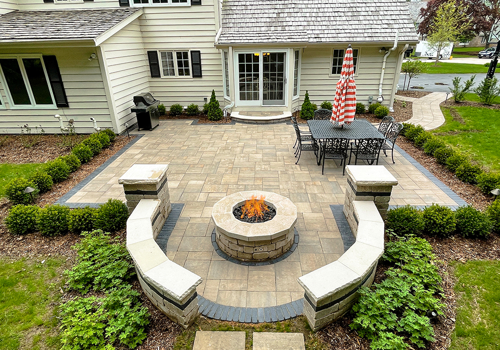 Patio landscaping with firepit